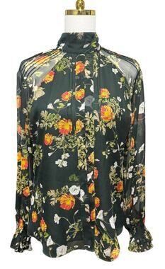 Lauren Ralph Lauren Green Floral Georgette Mock Neck Blouse Smocked Ruffle M